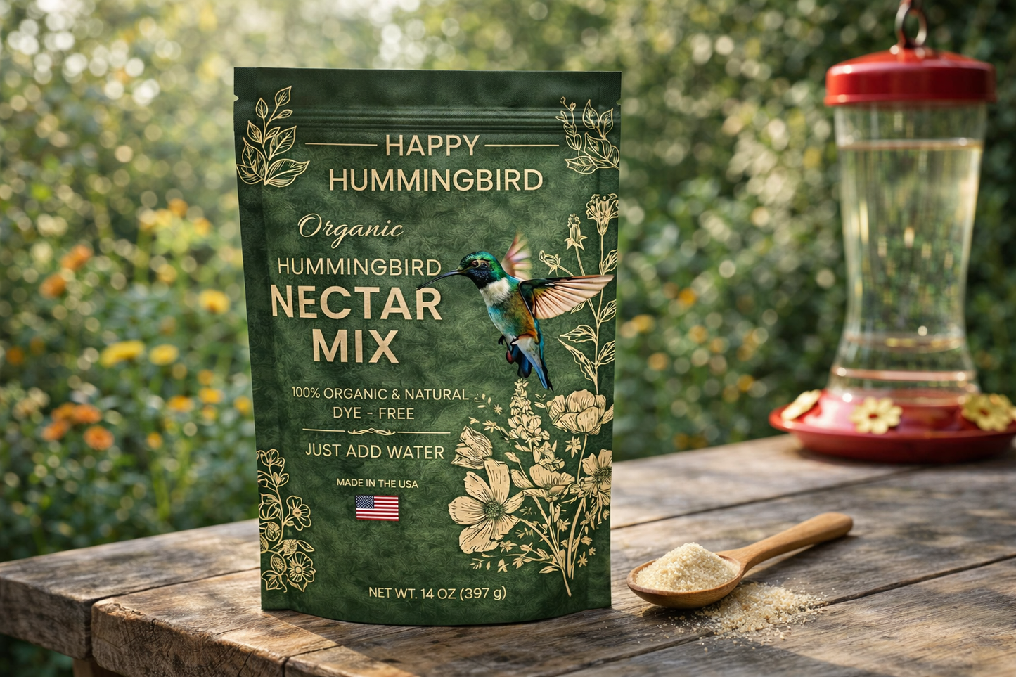 Happy Hummingbird organic hummingbird nectar mix package on a wooden table with a hummingbird feeder in the background.