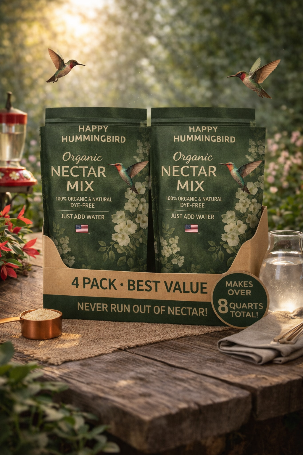 Happy Hummingbird Organic Nectar Mix packages on a wooden table with hummingbirds and flowers in the background.
