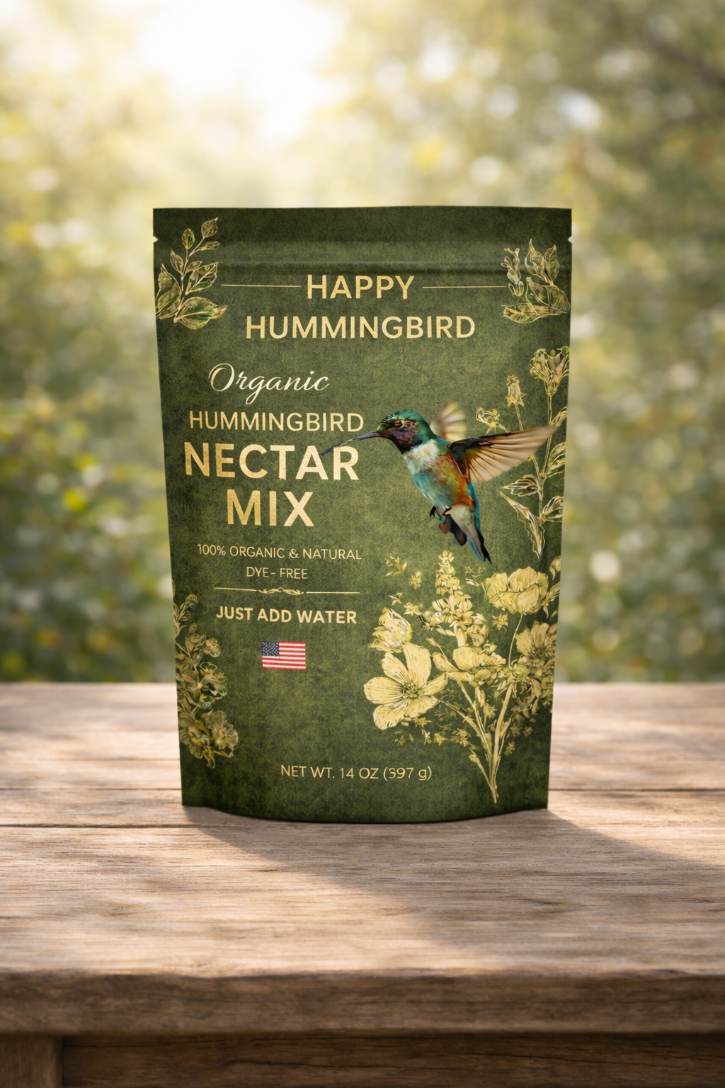 Happy Hummingbird Organic Hummingbird Nectar Mix package on a wooden surface with a blurred natural background