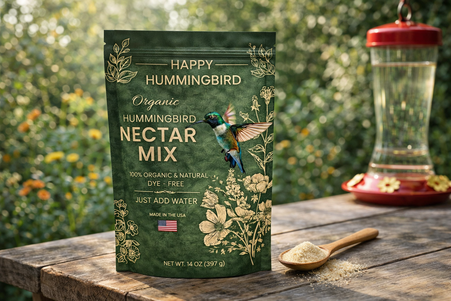 Happy Hummingbird organic hummingbird nectar mix package on a wooden table with a hummingbird feeder in the background.